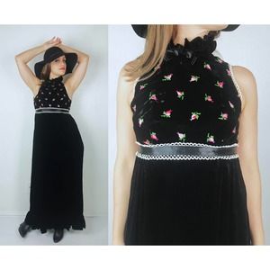vintage 60s VELVET Embroidered Rosettes MAXI DRESS